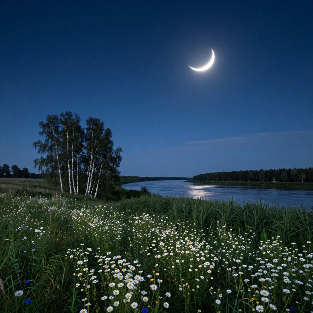 A vast, serene Russian landscape at night. Silhouetted birch...