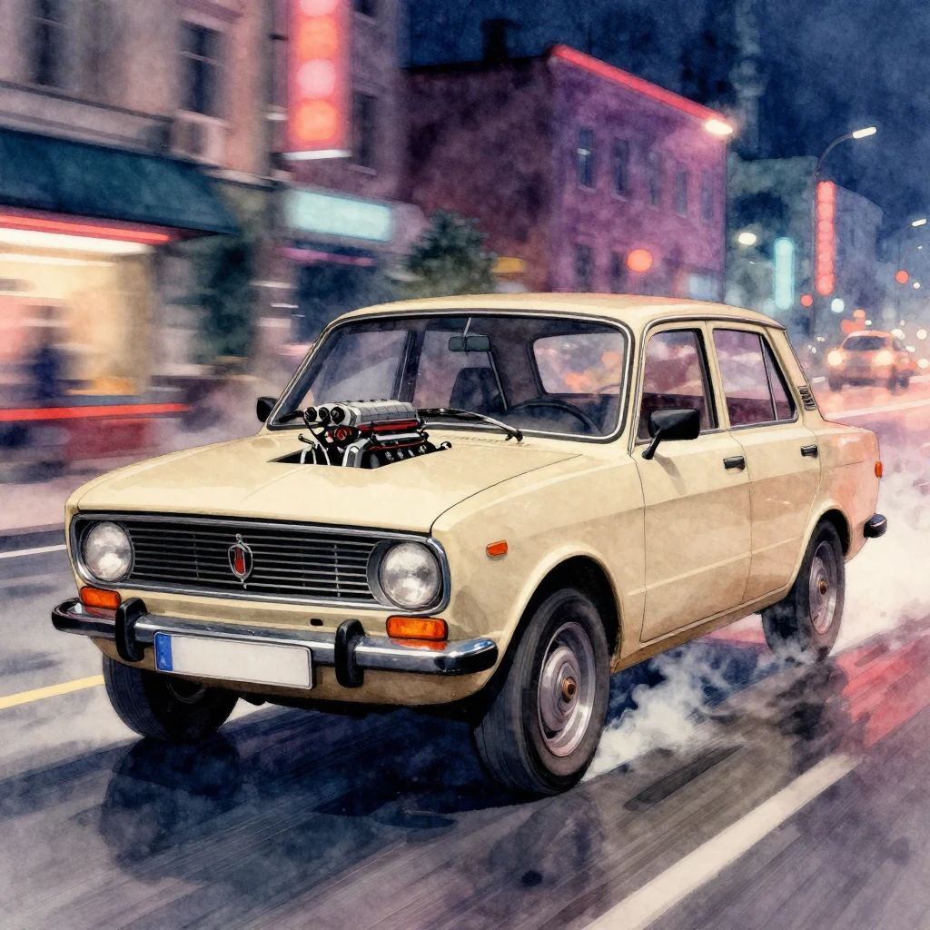 Vibrant watercolor style. A beige classic Russian car (like ...