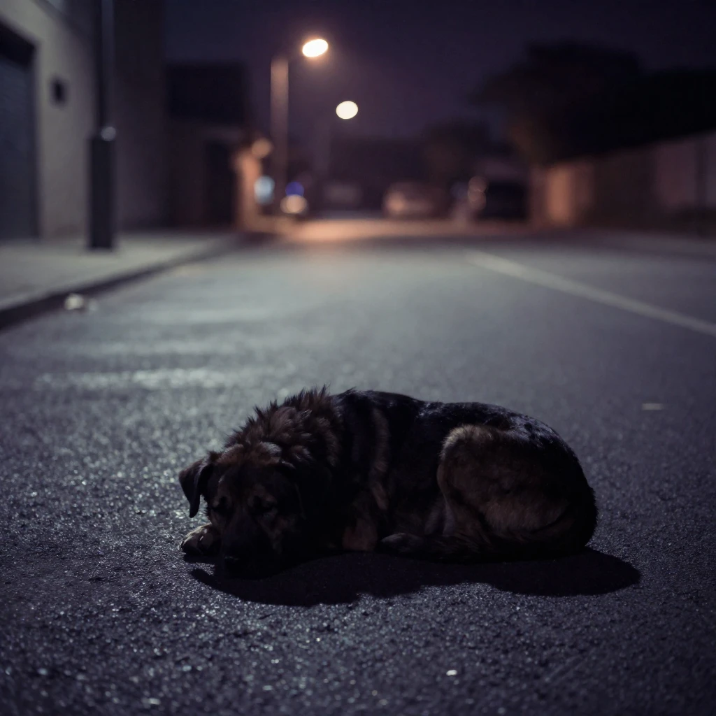 A single, emaciated silhouette of a dog, curled up on cold a...