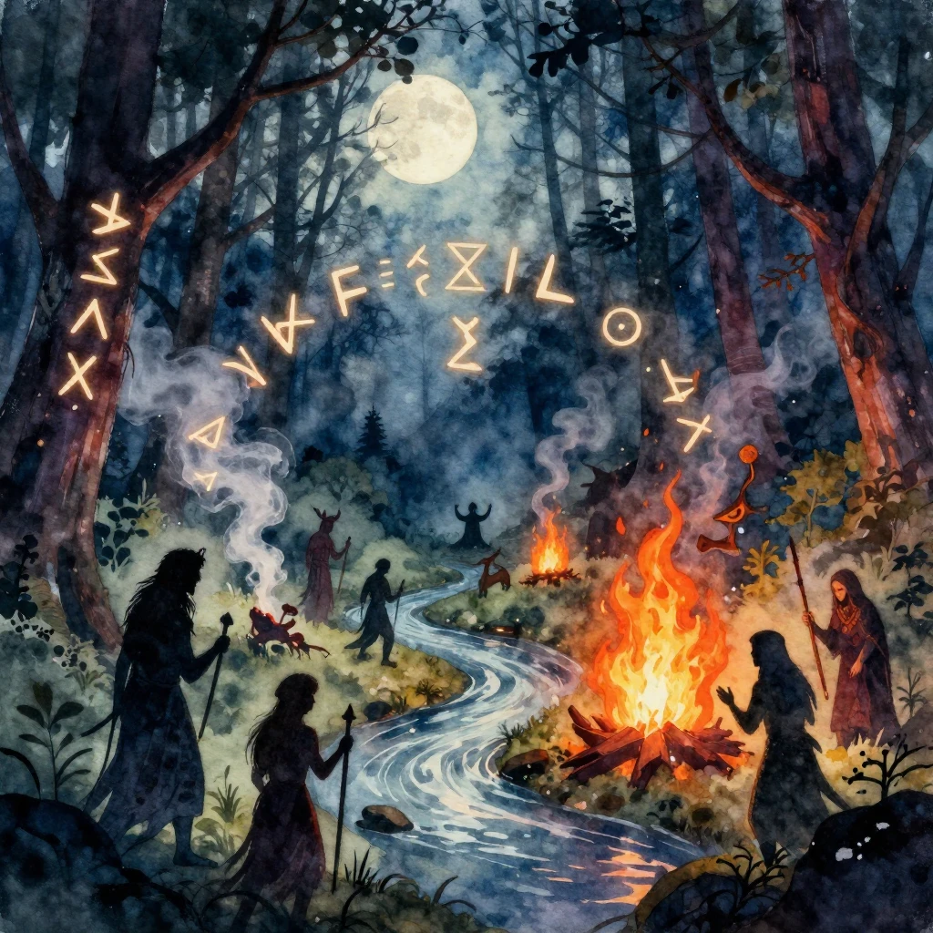 A vibrant watercolor painting of an ancient Slavic pagan rit...