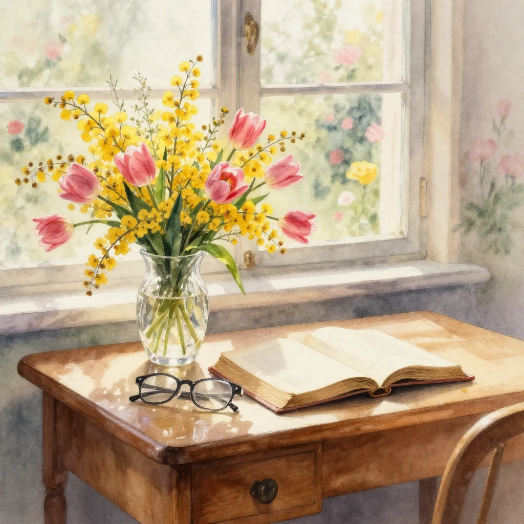 Delicate watercolor painting of a wooden teacher's desk. On ...