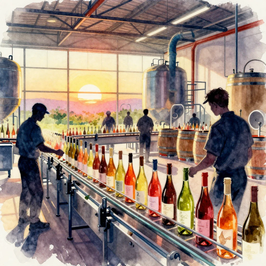 A dynamic scene inside a modern winery, showing a conveyor b...