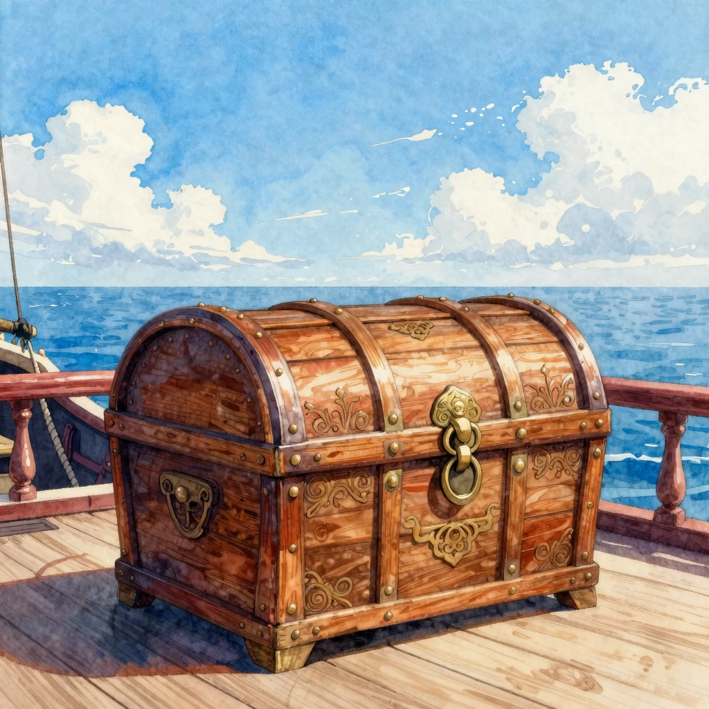 Vibrant watercolor painting of an ornate wooden treasure che...