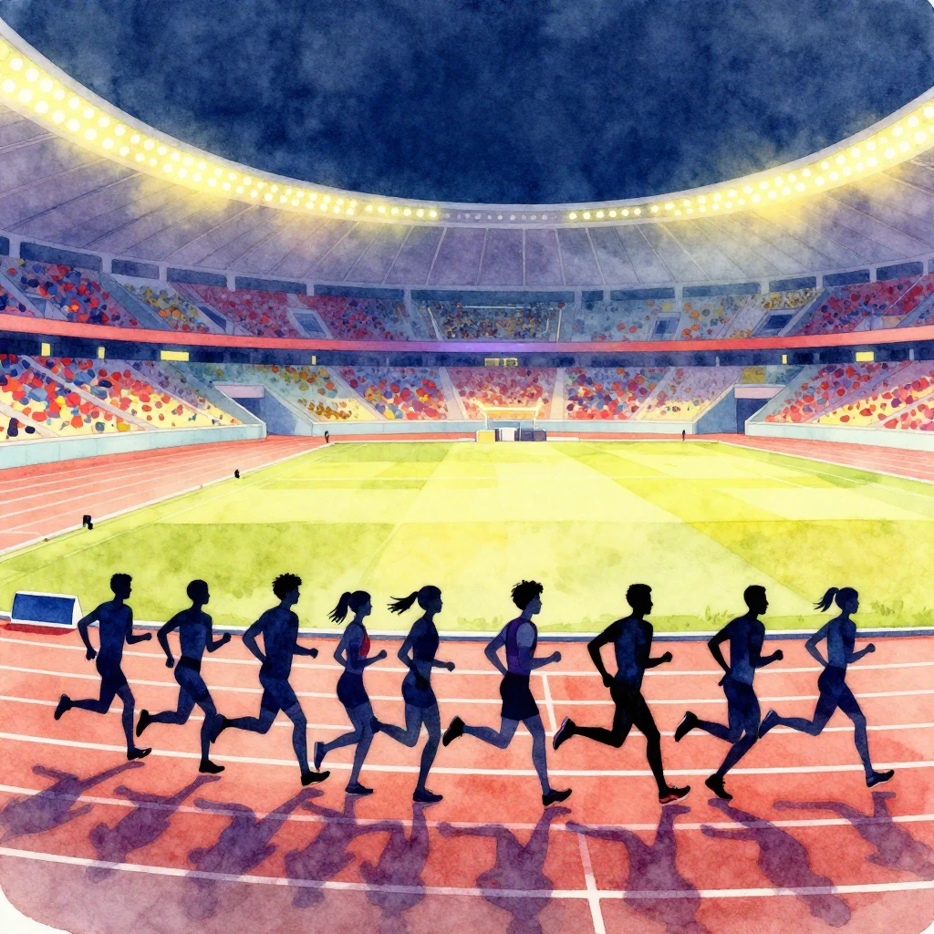 A watercolor painting focusing on a bright, illuminated stad...