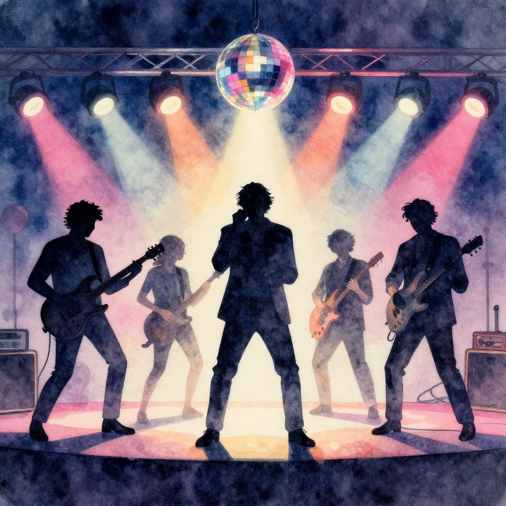 Watercolor style silhouette of a musical group performing on...
