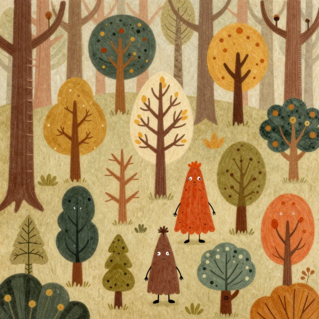 A whimsical folk art illustration of a forest where each tre...