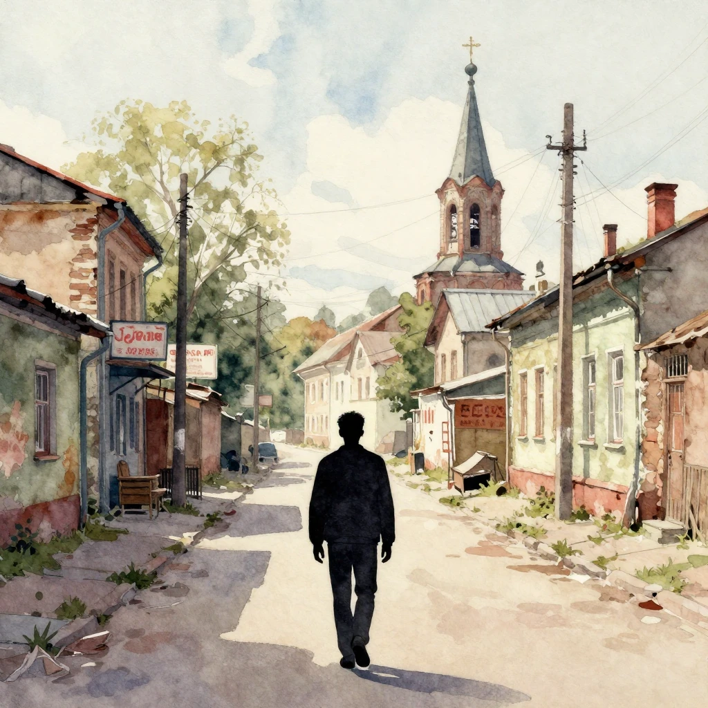 Vibrant watercolor style. A silhouette of a young man walkin...