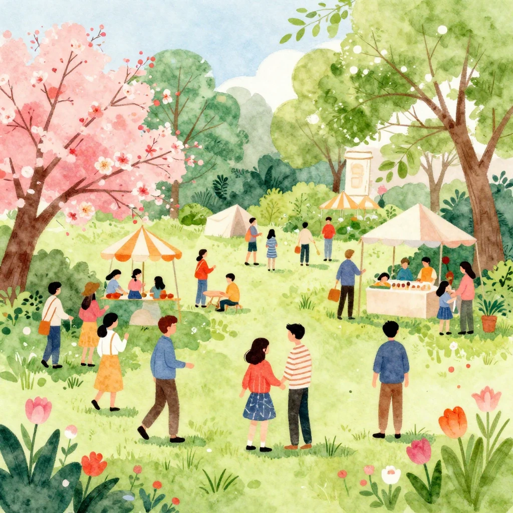 A vibrant watercolor painting depicting a generic spring fes...