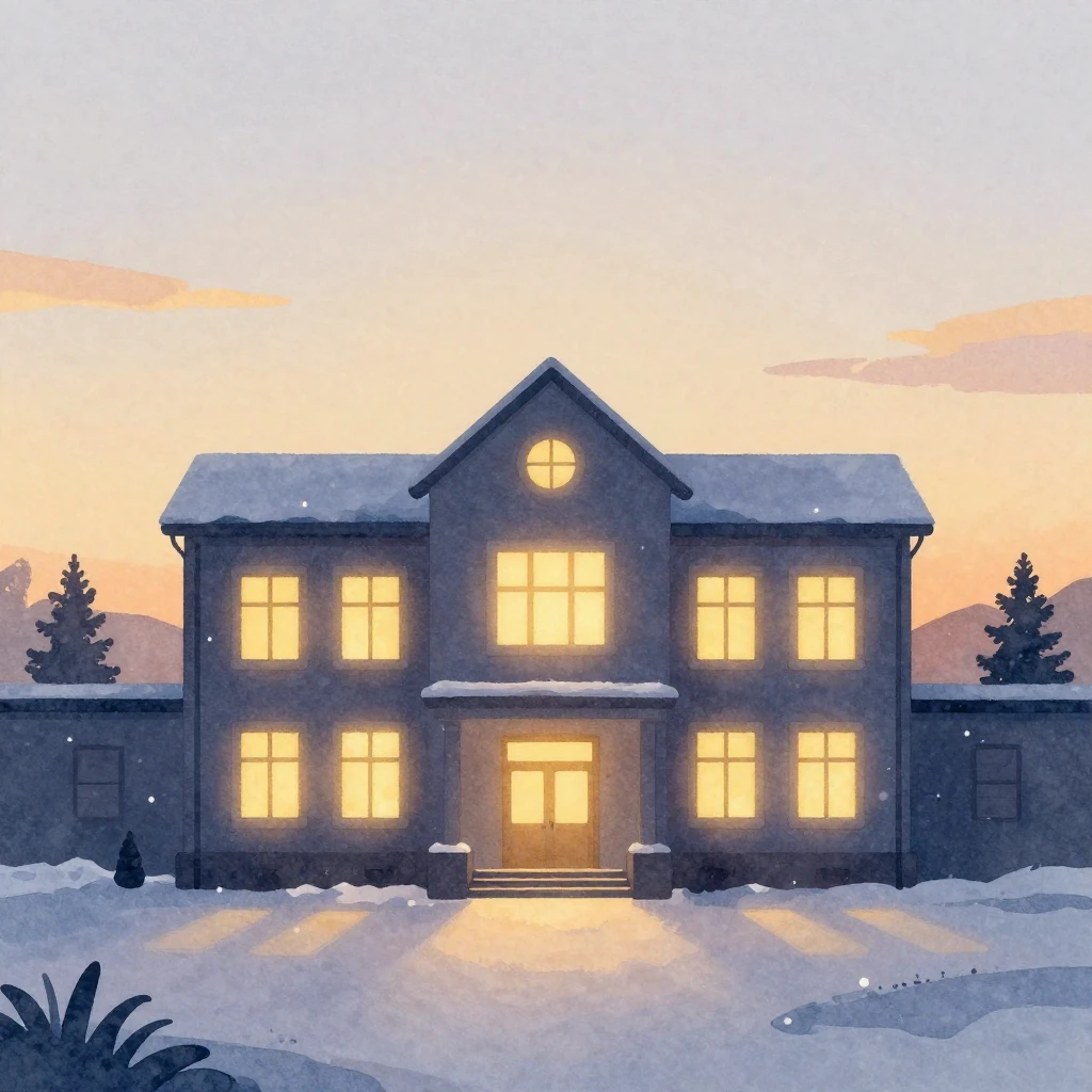 A minimalist watercolor silhouette of a charming school buil...