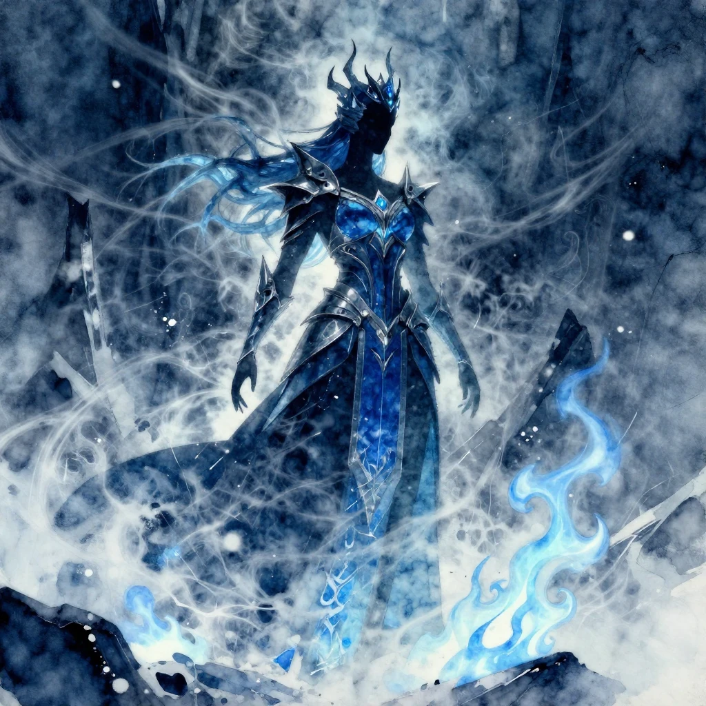 A majestic Ice Queen silhouette, standing powerfully against...