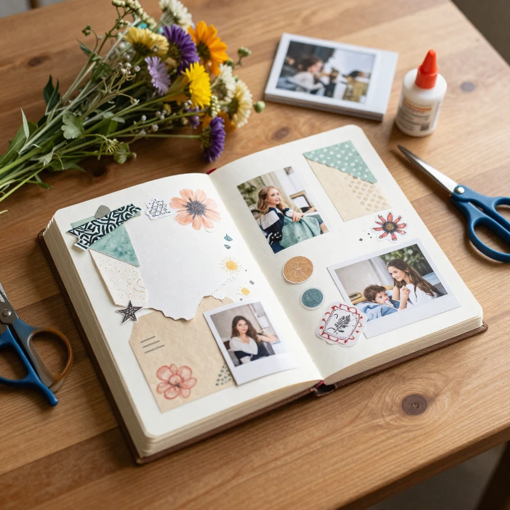 A handmade scrapbook open on a wooden table, surrounded by c...
