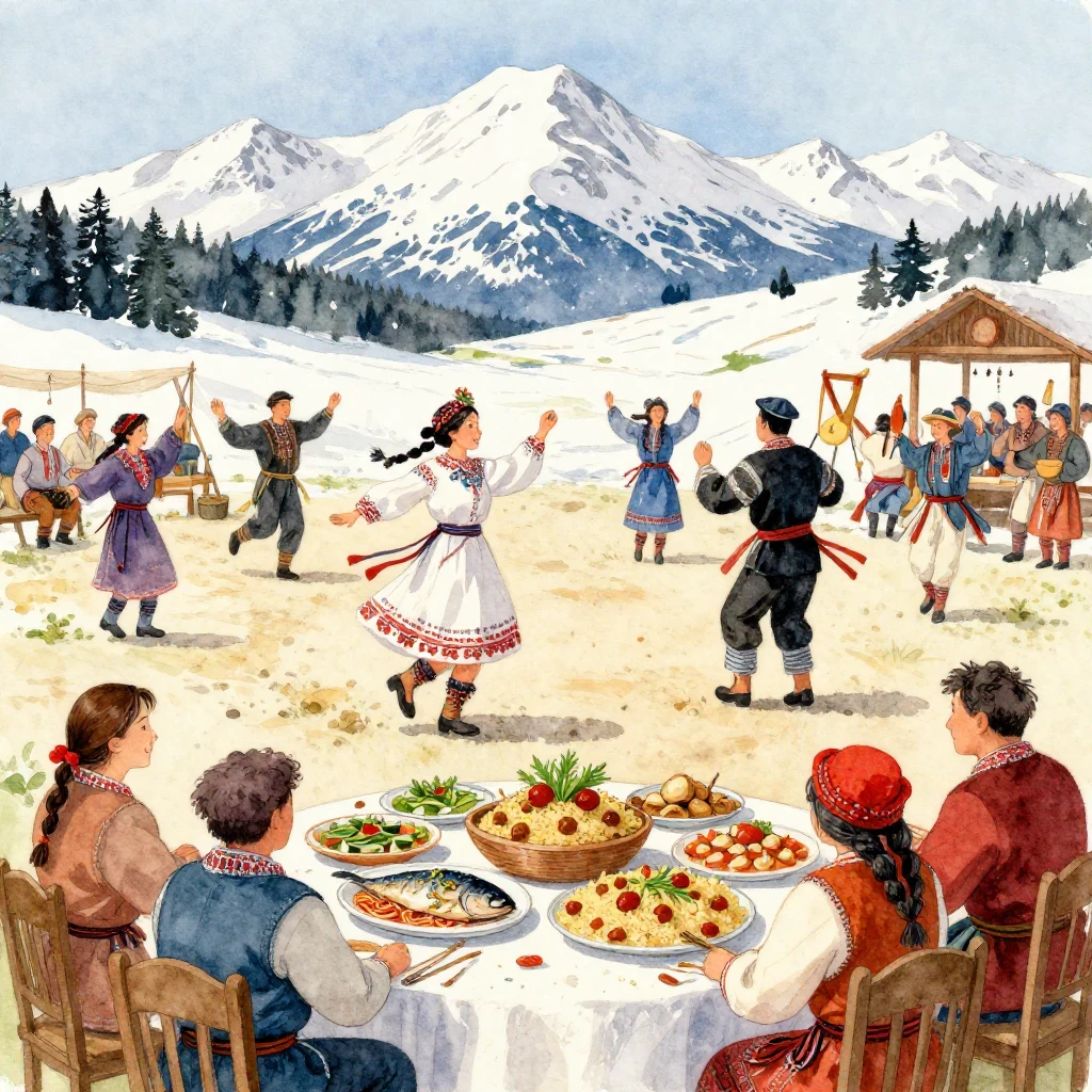 A vibrant watercolor painting depicting a Kamchatka folk fes...