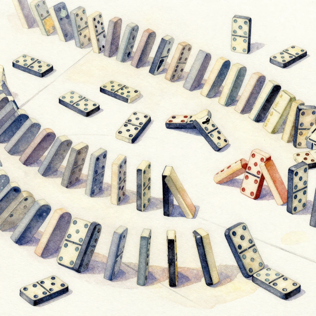 A vibrant watercolor painting showing dominos falling and sc...