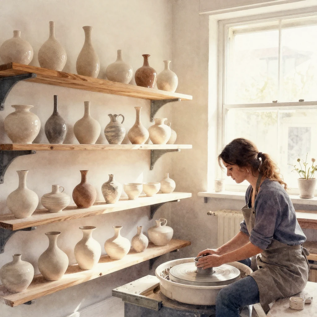 Watercolor style. A cozy pottery studio with elegant ceramic...