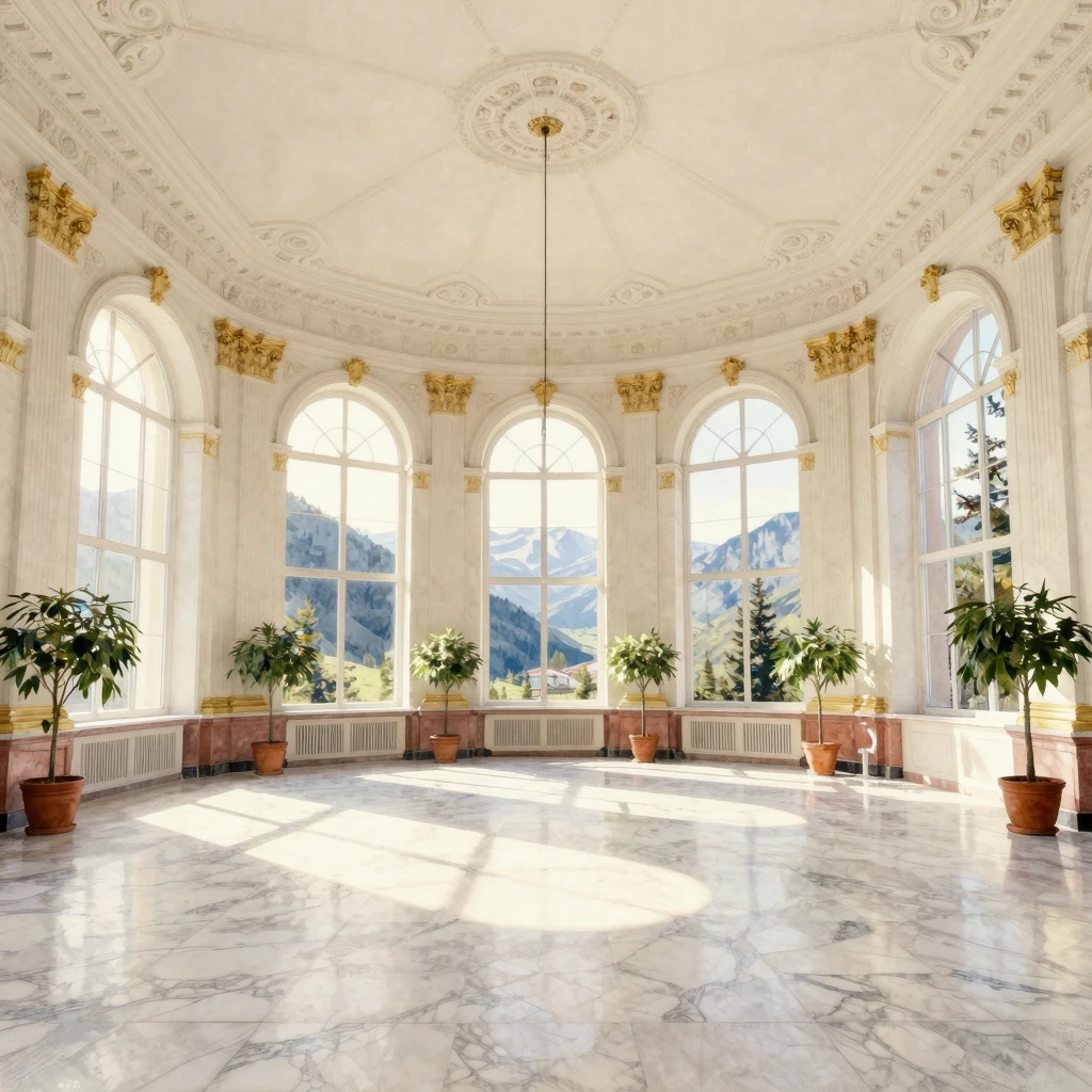 Interior of a 19th-century grand sanatorium hall with high c...