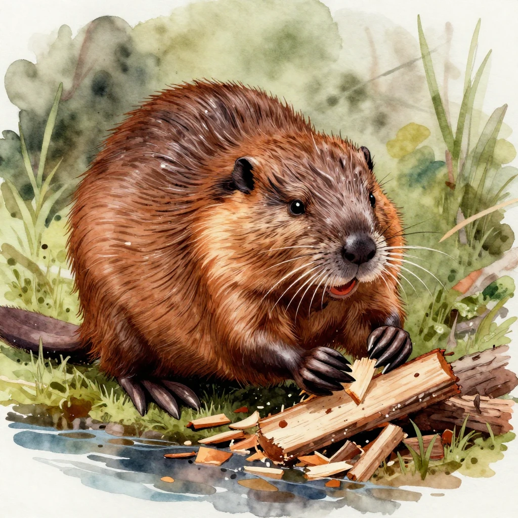 A watercolor illustration of a beaver, detailed fur, busy ex...