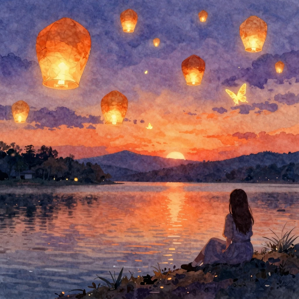 Watercolor style celebratory evening scene with flying paper...