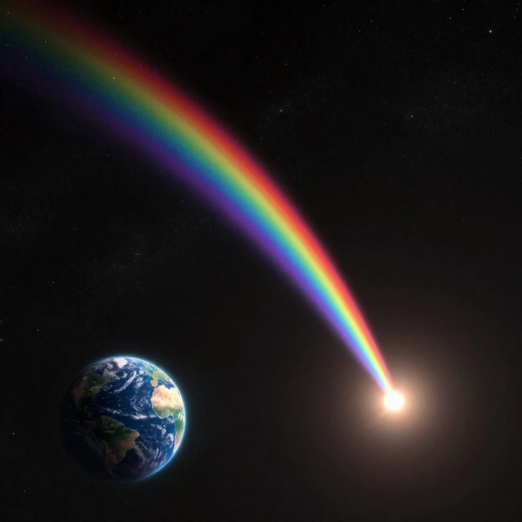 A vibrant comet with a long, colorful tail, illuminating its...