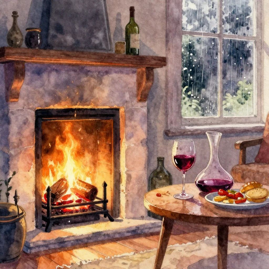 A vibrant watercolor painting focusing on a cozy fireplace, ...