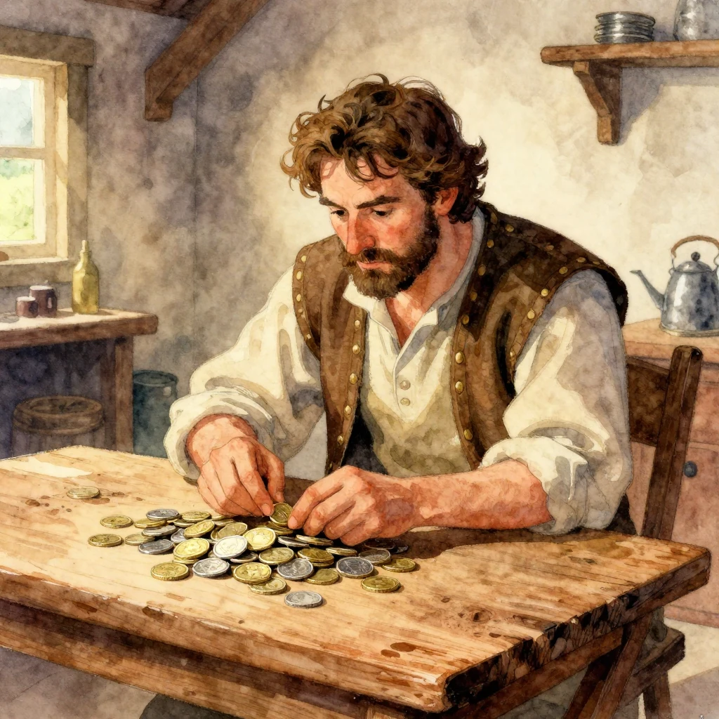 A merchant with a focused and slightly avaricious expression...