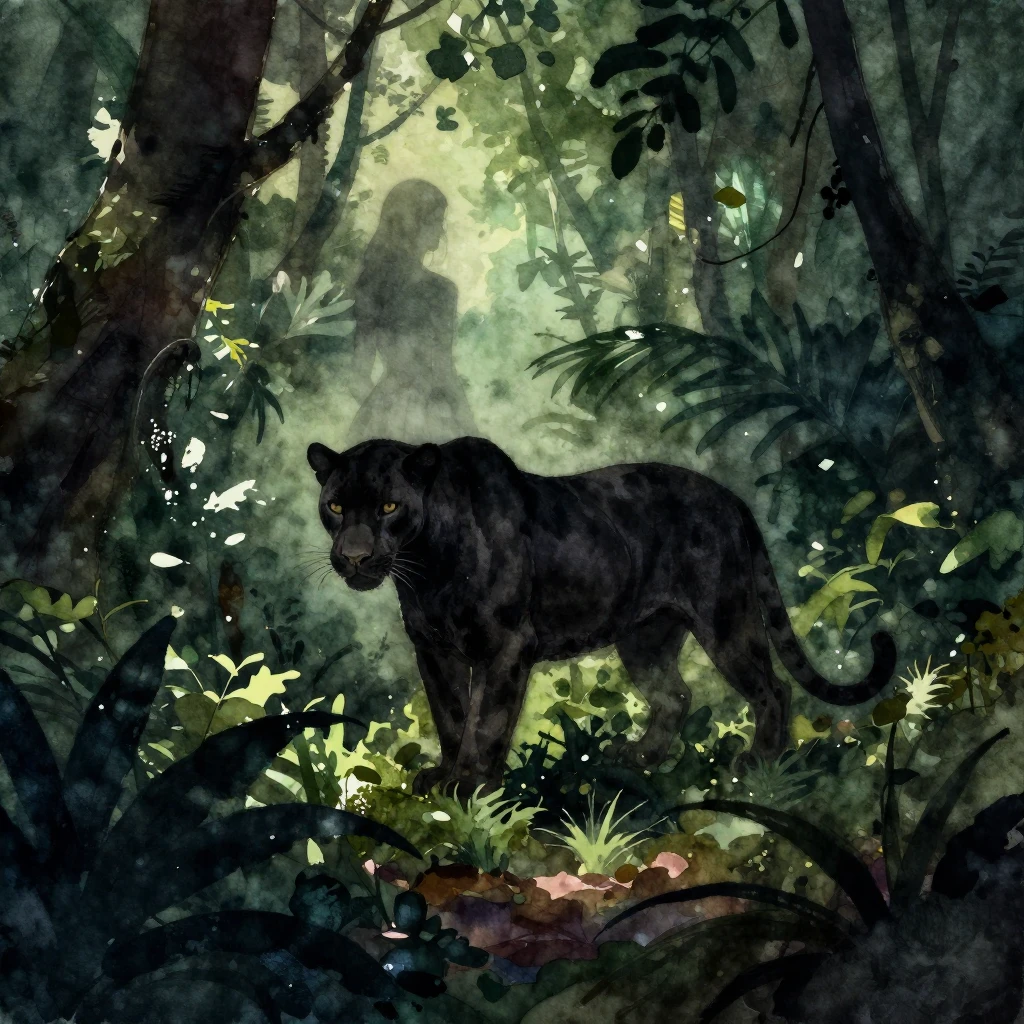 A dark, mysterious jungle scene rendered in vibrant watercol...