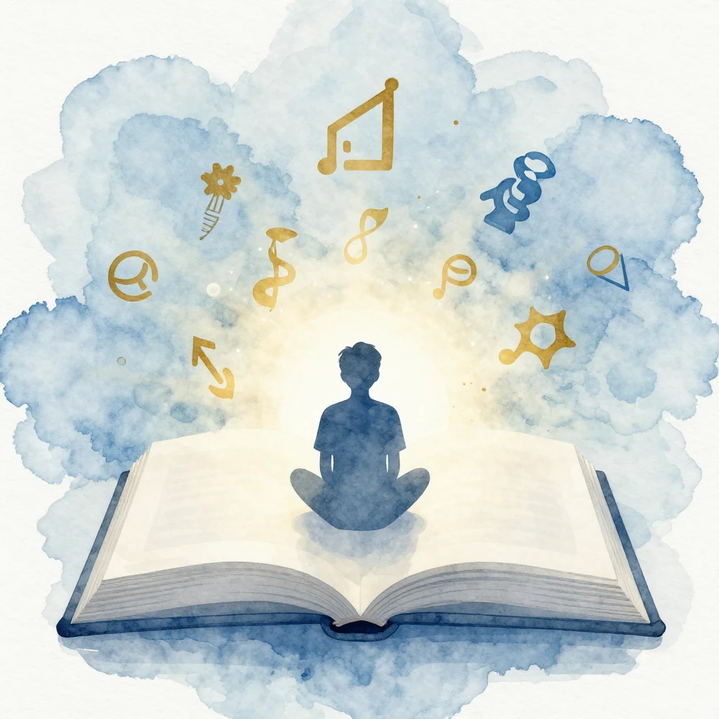 A watercolor silhouette of a person sitting by a large open ...