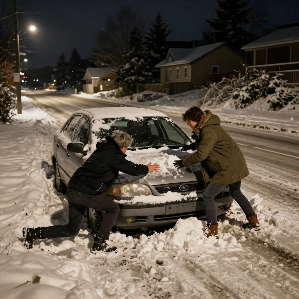 A scene depicting a challenging situation, such as a car stu...