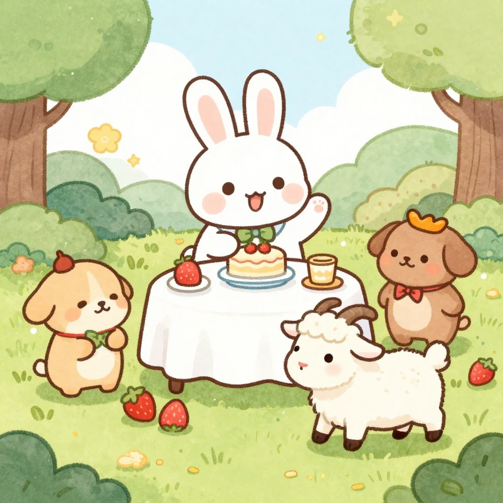 A cheerful cartoon illustration of a bunny hosting a party f...