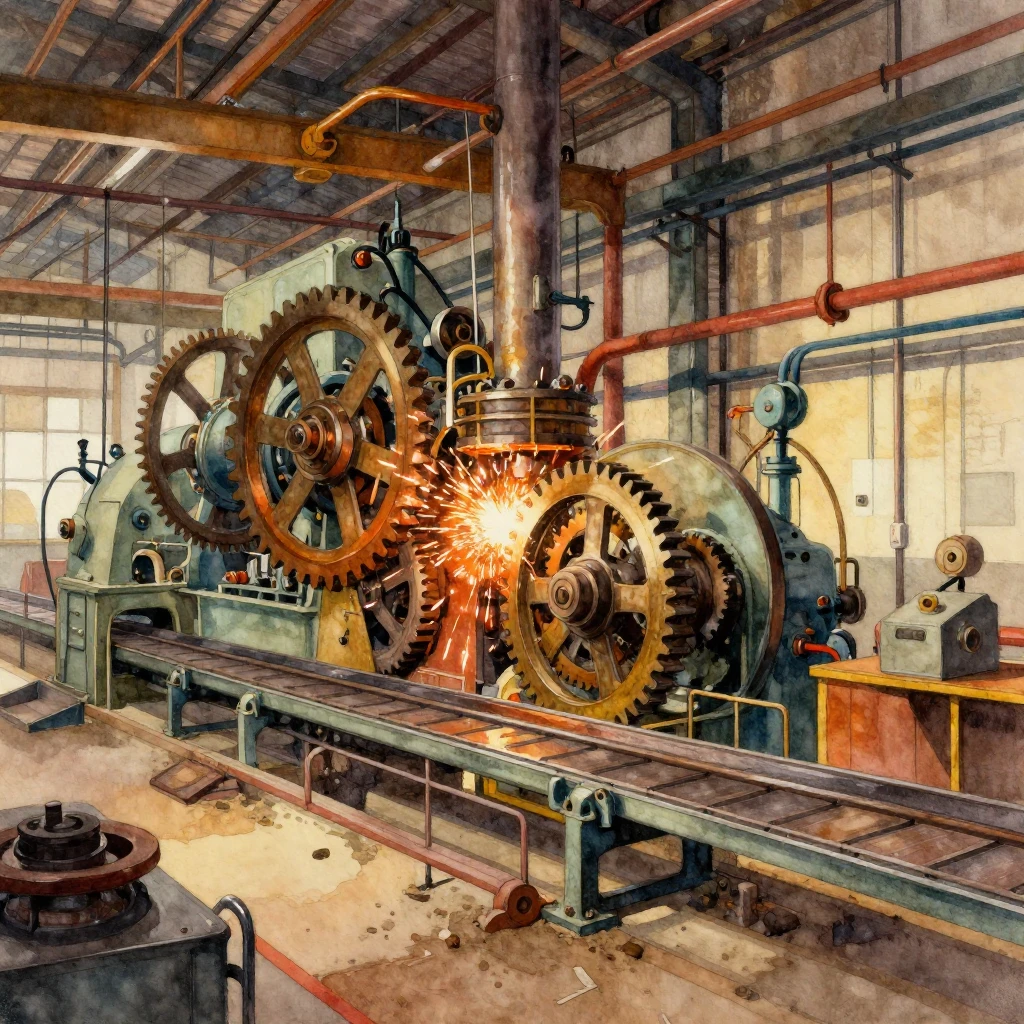 A vibrant watercolor painting depicting a bustling industria...