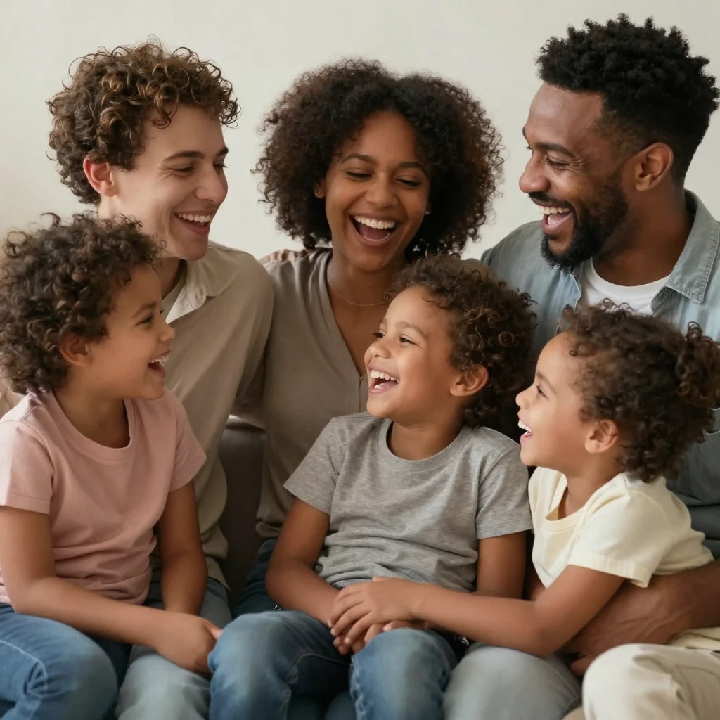 A diverse family group laughing and interacting happily in a...