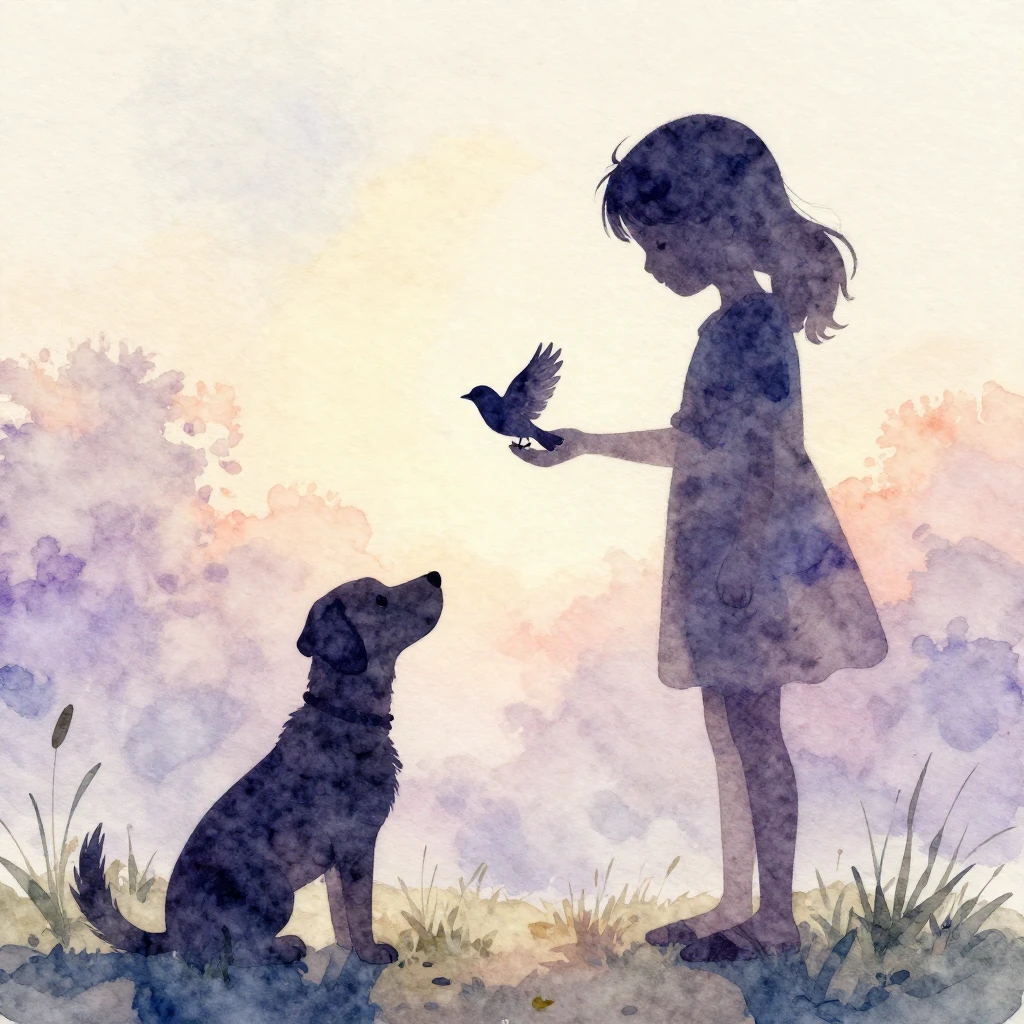Watercolor style. A silhouette of a girl gently interacting ...