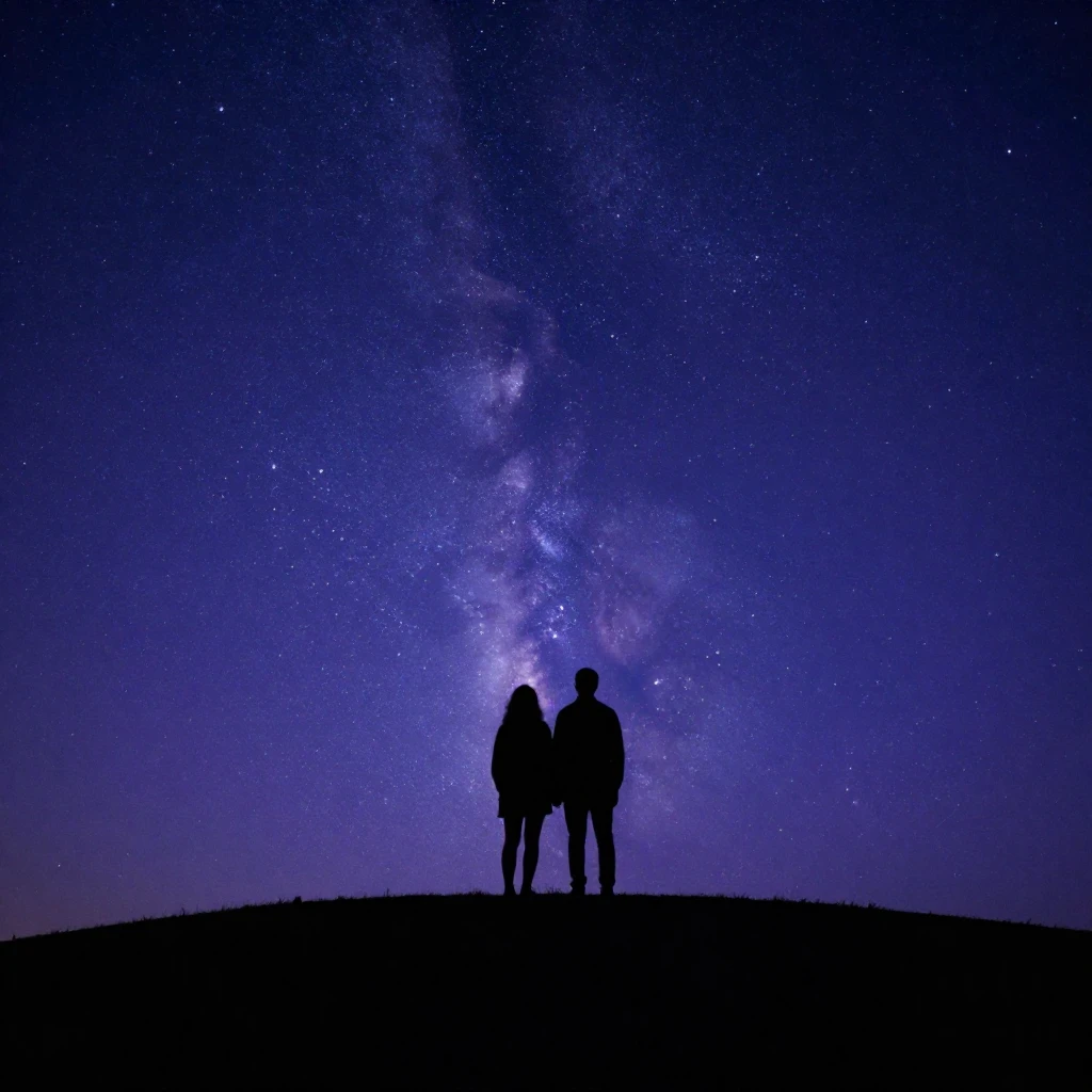 Two dark silhouettes of a couple standing on a hill, gazing ...