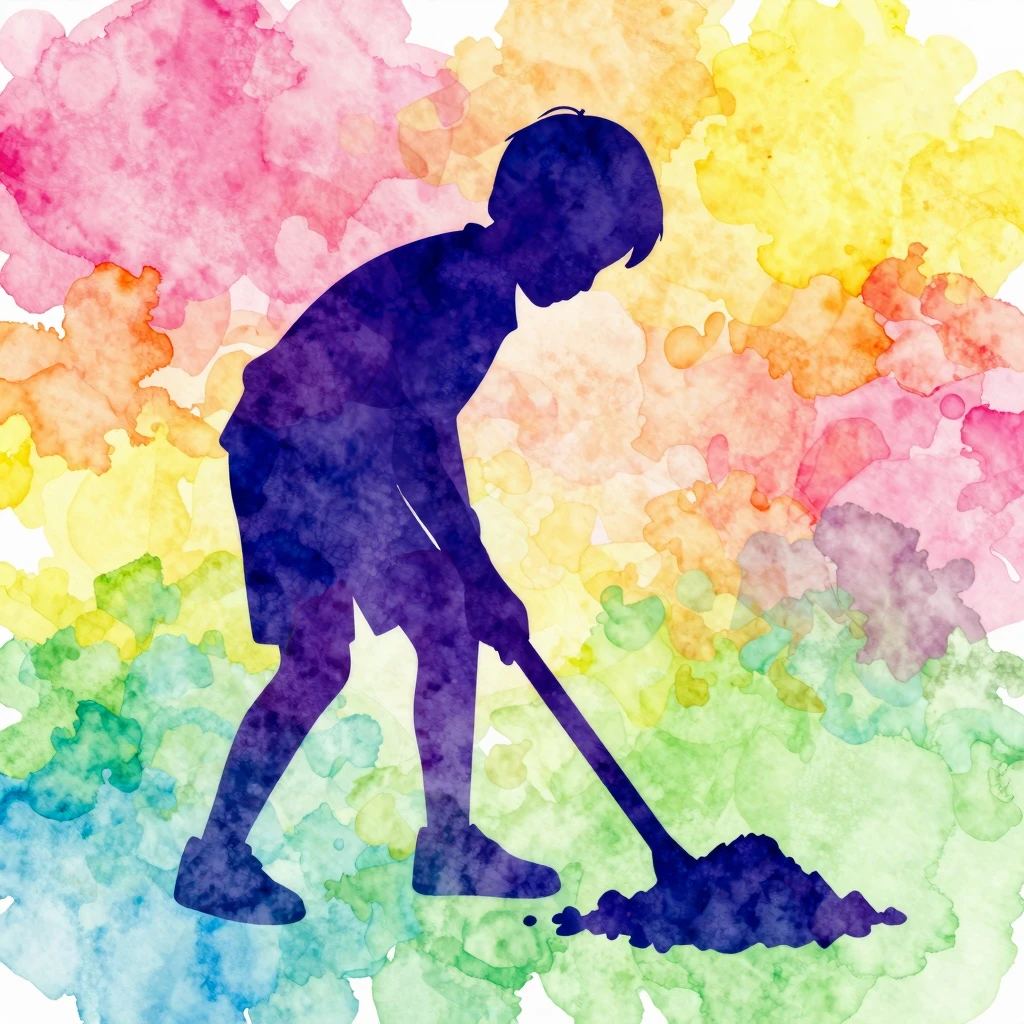 Vibrant watercolor style. Abstract silhouette of a boy diggi...