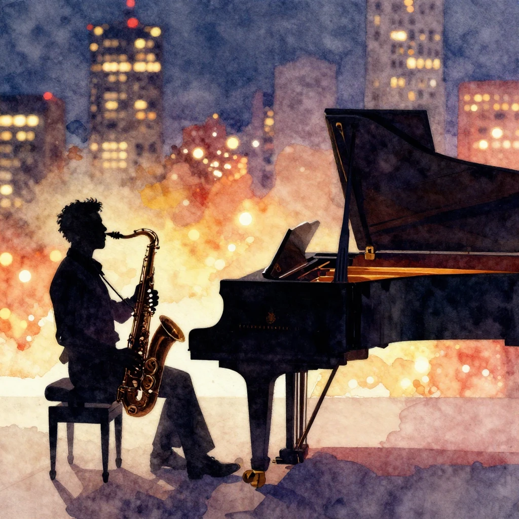 Silhouettes of a saxophone and a grand piano, set against a ...