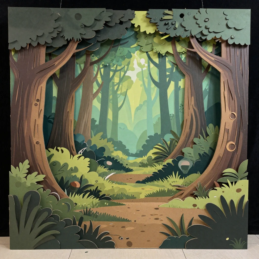 A detailed cardboard cutout backdrop depicting a fantastical...