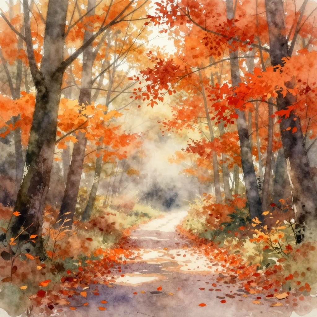 A watercolor painting of an autumn forest path with orange a...