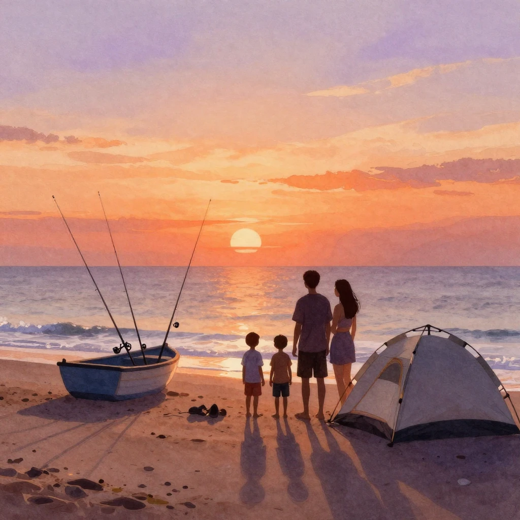 A watercolor silhouette of a family (father, mother, two chi...