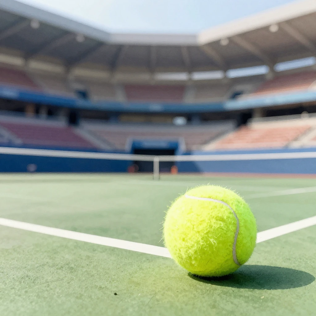 Watercolor style with blurred stadium background, tennis bal...