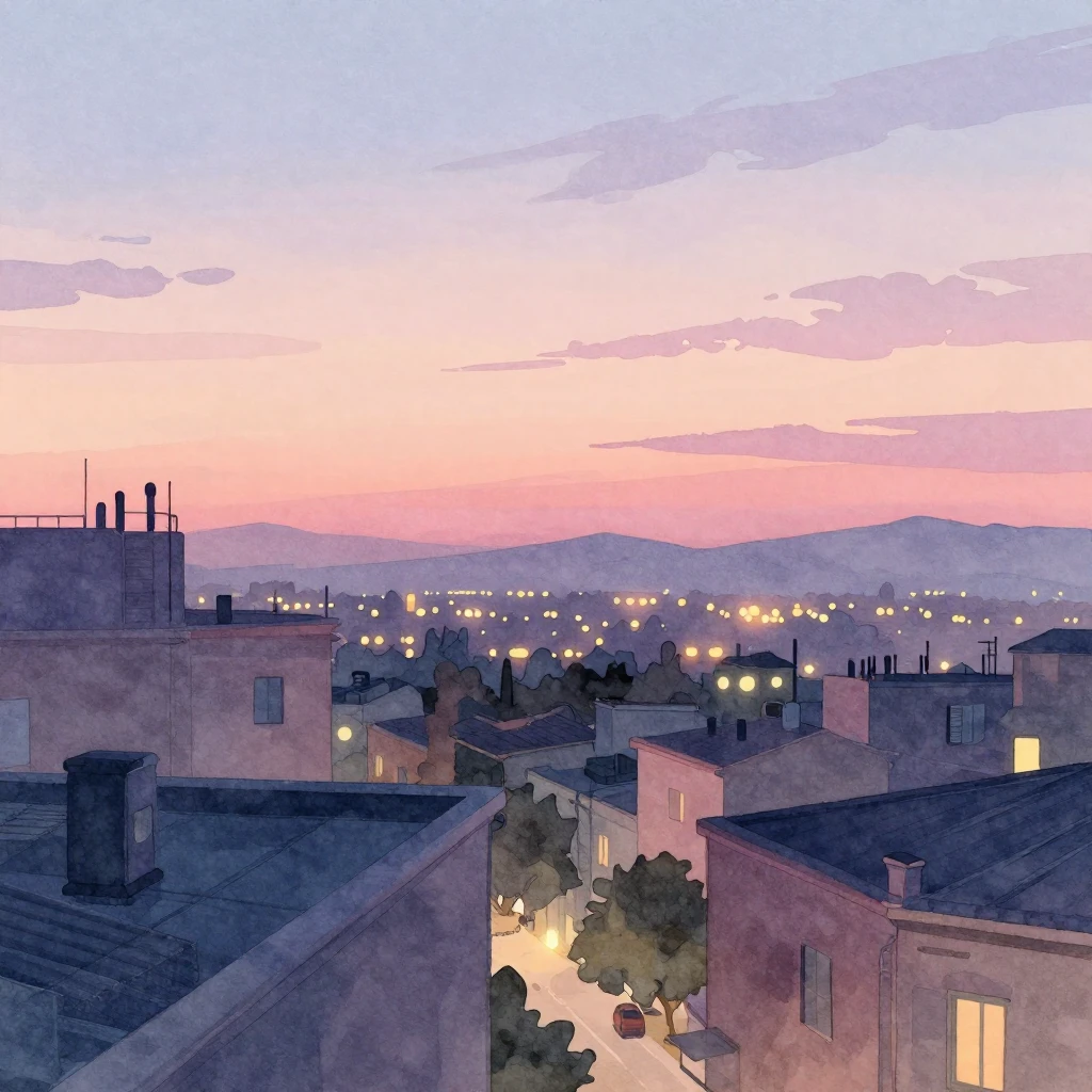 Watercolor style illustration showcasing a panoramic rooftop...
