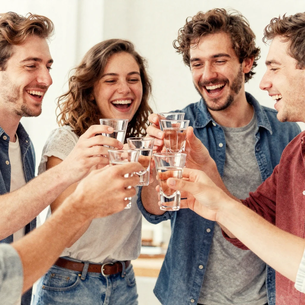 Friends or a group of people happily toasting with shot glas...