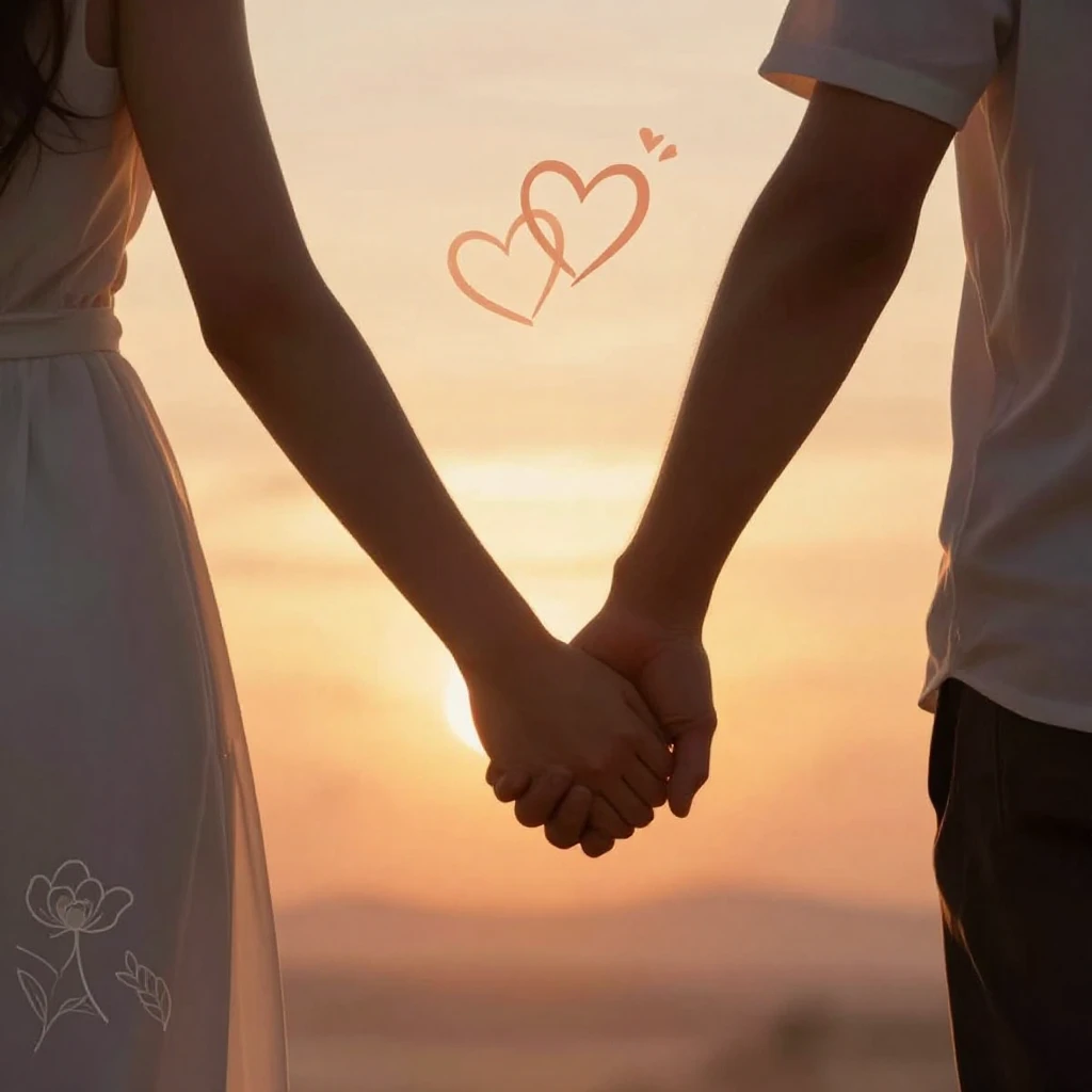 A beautifully illustrated scene of a couple holding hands, s...