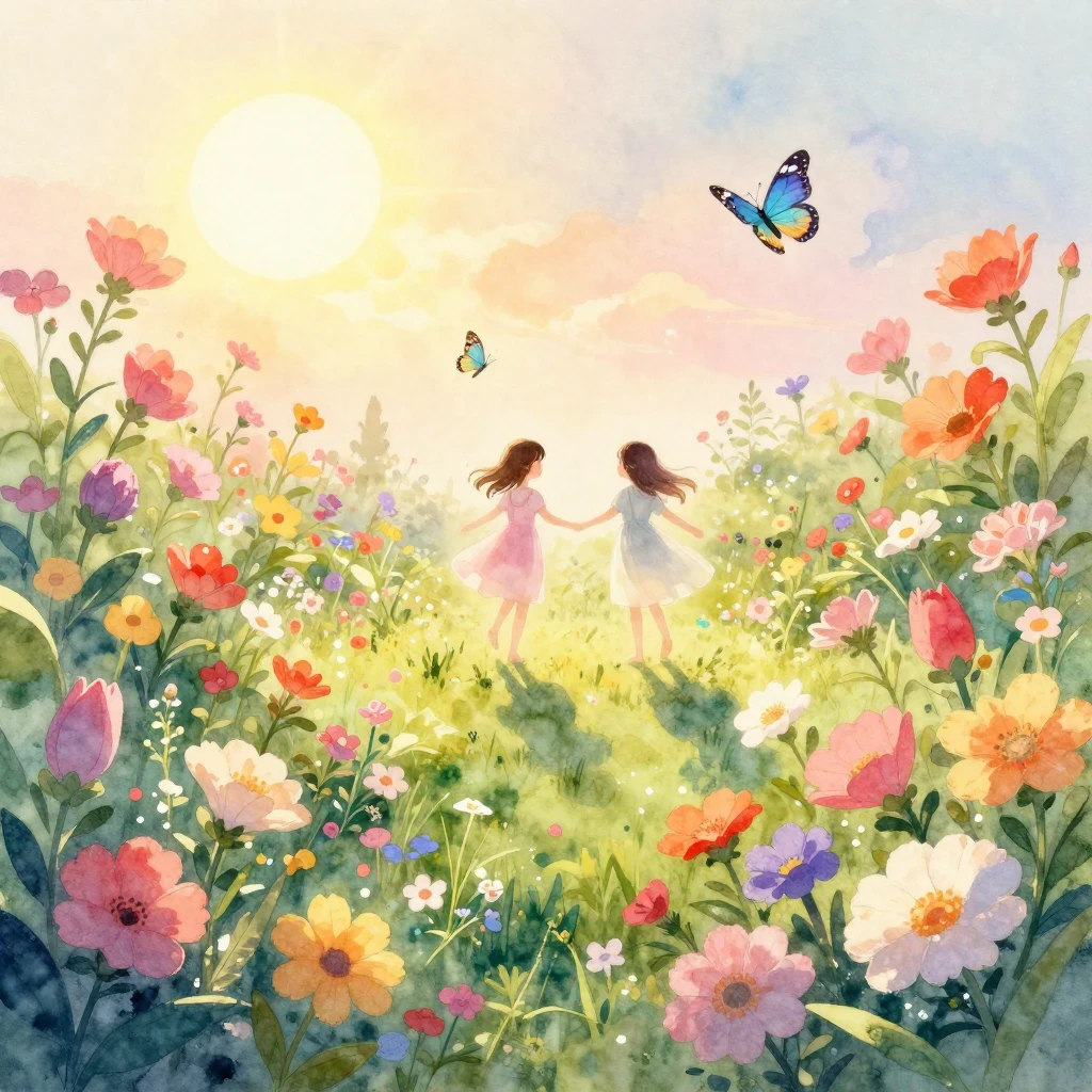 A vibrant watercolor illustration of a blooming garden under...
