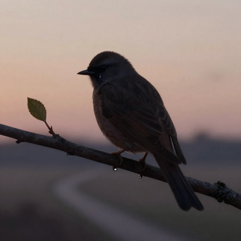 A melancholic nightingale perched on a branch, silhouetted a...