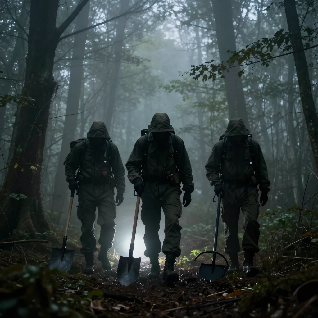 A silhouette of a search party in a dense, misty forest, wit...