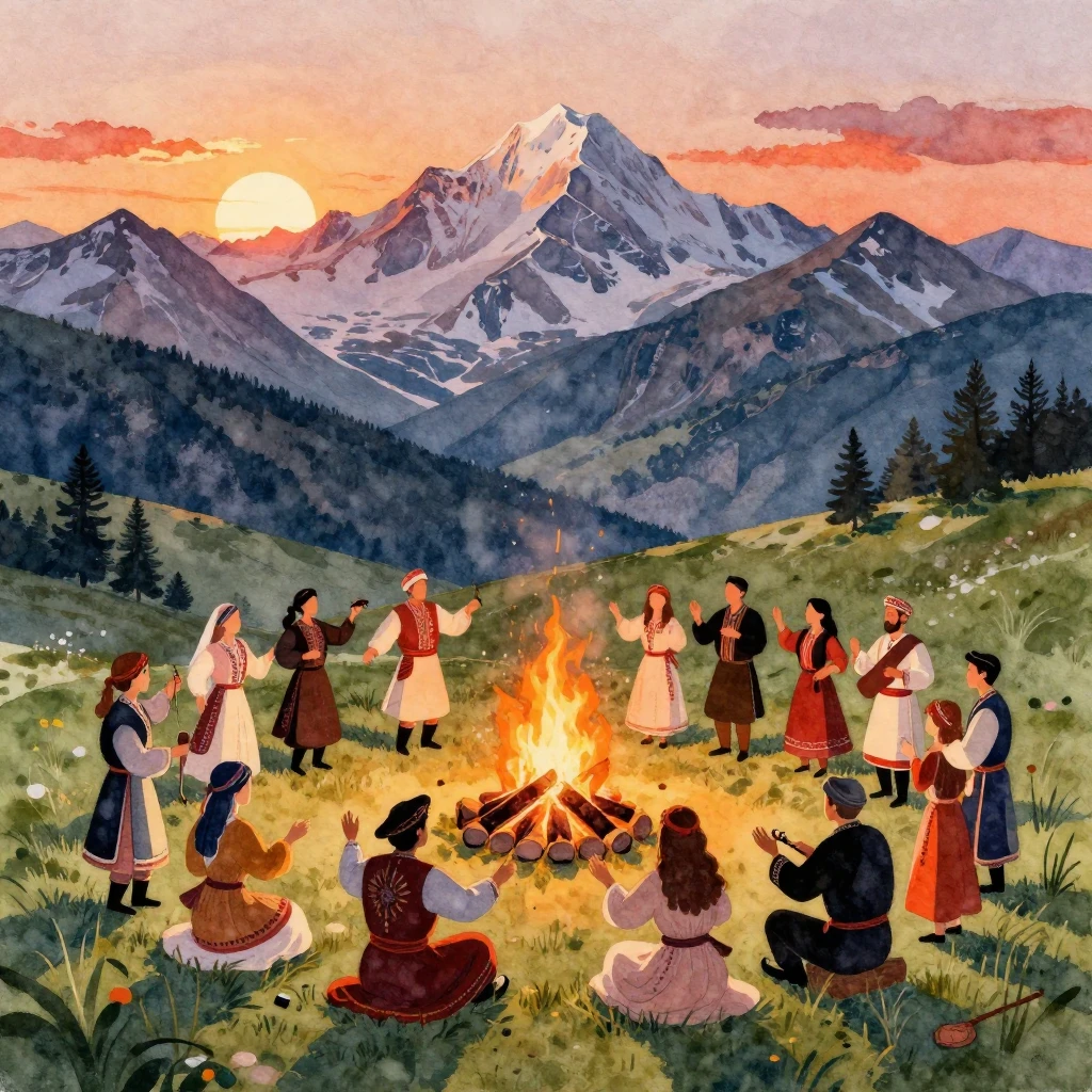 A vibrant watercolor painting depicting a traditional Adyghe...