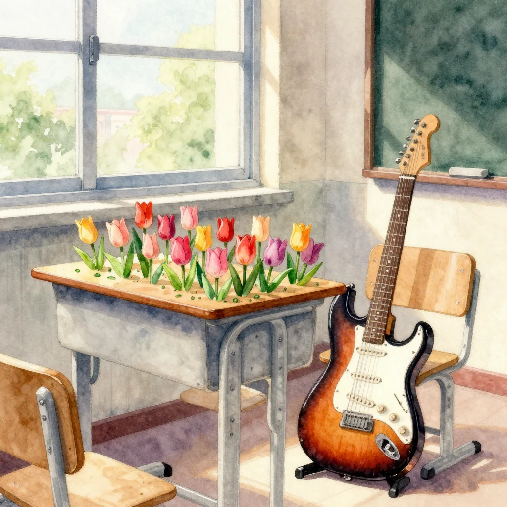 Watercolor painting of a school desk covered in spring tulip...