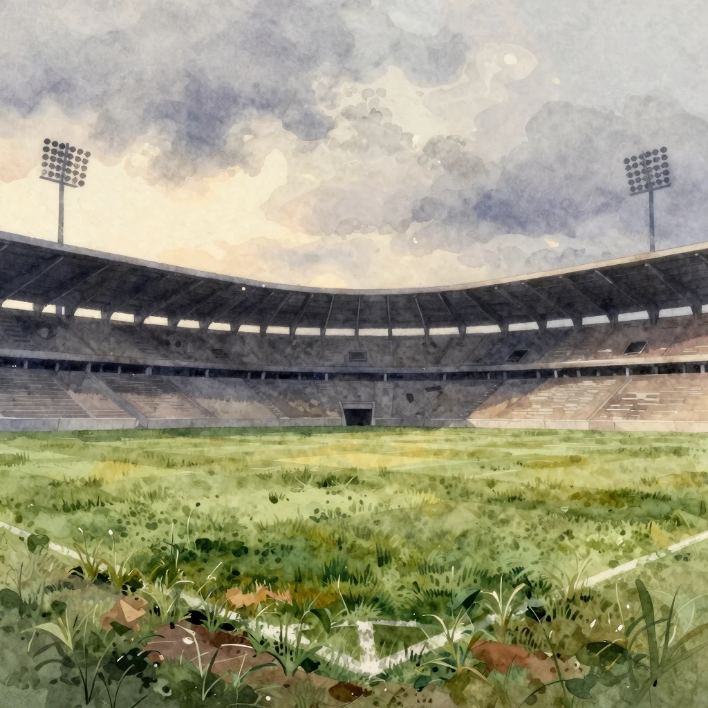 Vibrant watercolor style. Empty, desolate football stadium a...