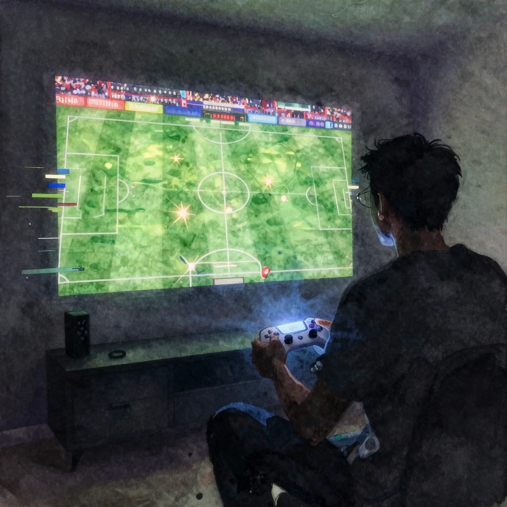 Abstract watercolor painting of a dark room with a glowing b...