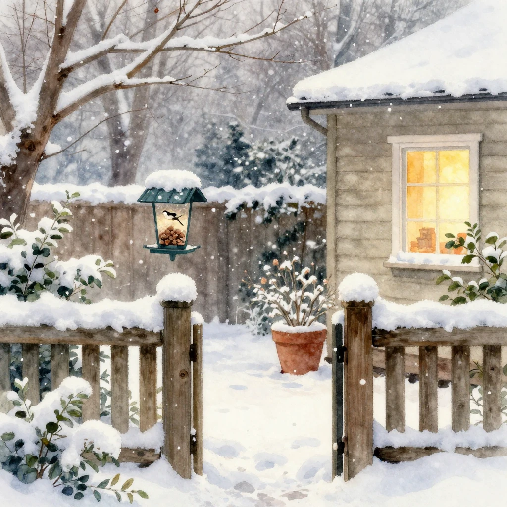A cozy winter backyard scene with a light dusting of snow on...