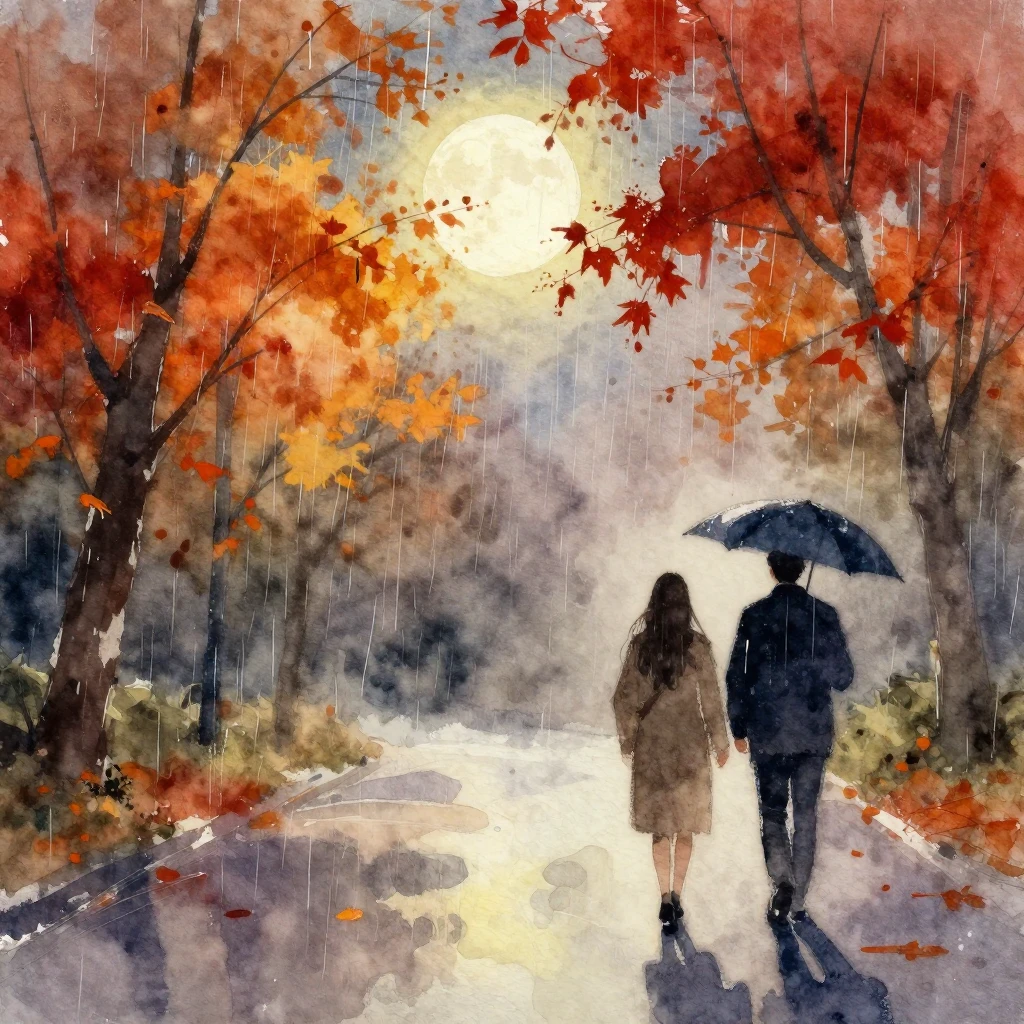 Abstract watercolor painting of vibrant autumn rain, glowing...